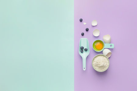 Ingredients for preparing bakery and kitchen utensils on color backgroundの写真素材