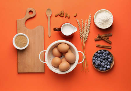 Ingredients for preparing bakery on color background