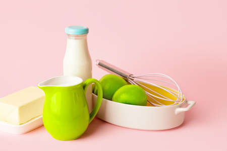 Ingredients for preparing bakery on color backgroundの写真素材