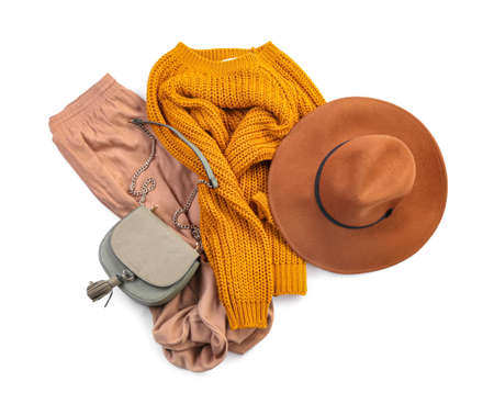 Stylish female clothes on white backgroundの写真素材