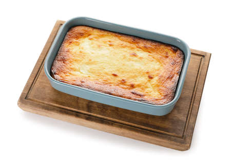 Dish with tasty cottage cheese casserole on white backgroundの写真素材