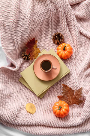 Cup of coffee with books on knitted plaidの写真素材