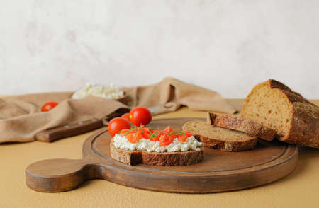 Tasty sandwich with cottage cheese and tomatoes on color backgroundの写真素材