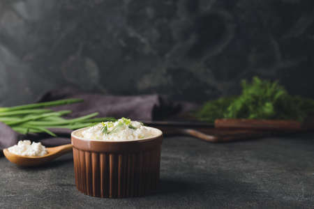 Bowl with cottage cheese on dark backgroundの写真素材