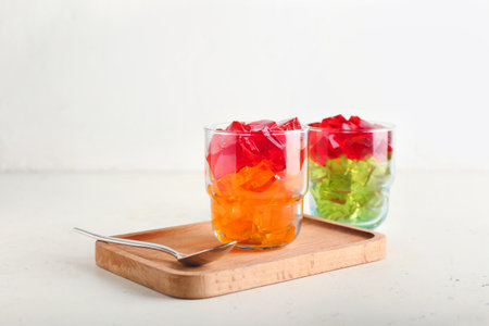Glasses with tasty jelly cubes on white background