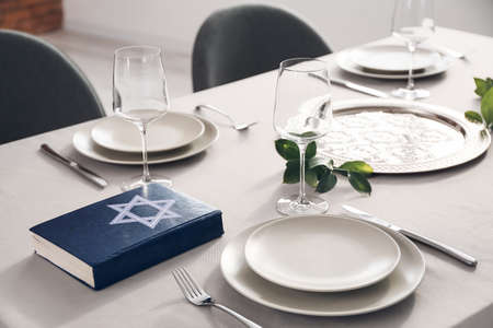 Table served for Passover Sederの写真素材