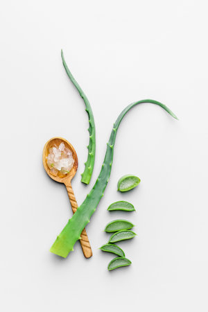 Spoon with fresh cut aloe on light backgroundの写真素材