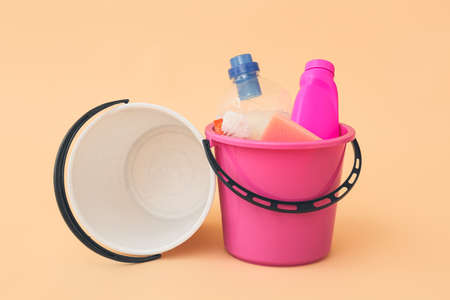 Set of cleaning supplies on color backgroundの写真素材