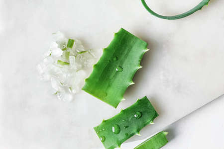 Board with fresh cut aloe on light backgroundの写真素材