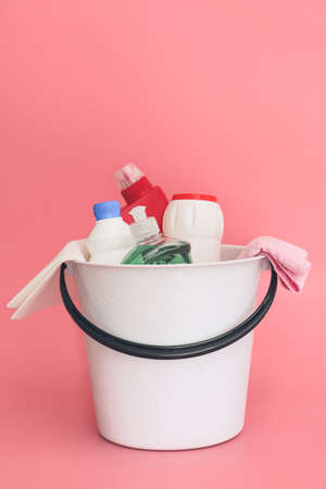 Set of cleaning supplies on color backgroundの写真素材