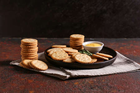Plate with tasty crackers on grunge background
