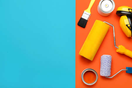 Set of tools on color backgroundの写真素材