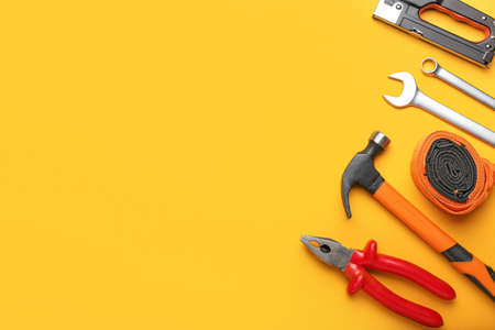 Set of tools on color backgroundの写真素材