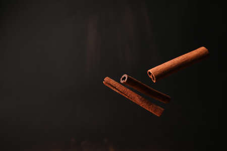 Falling cinnamon sticks and powder on dark backgroundの写真素材