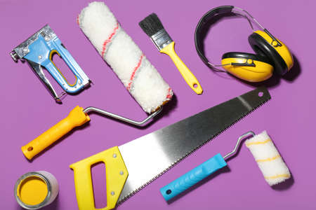 Set of tools on color backgroundの写真素材