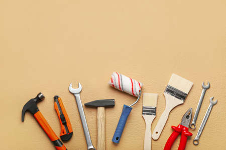 Set of tools on color backgroundの写真素材