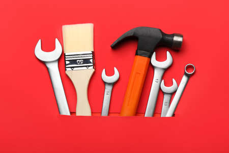 Set of tools on color backgroundの写真素材