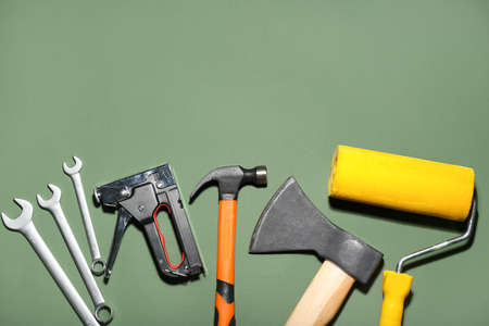 Set of tools on color backgroundの写真素材