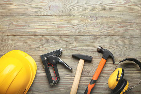 Set of tools on wooden backgroundの写真素材