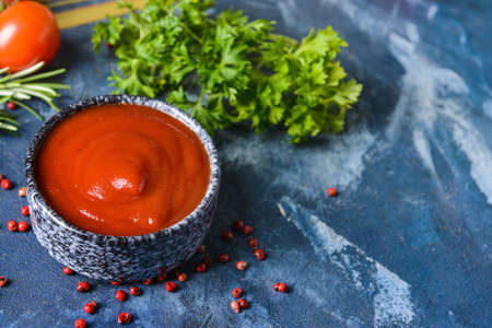 Bowl with organic tomato sauce on color background