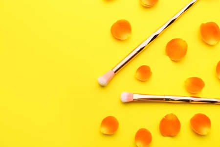 Makeup brushes on color backgroundの写真素材