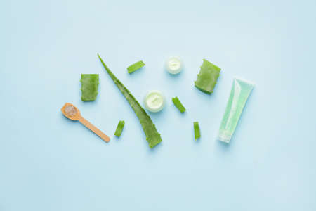 Different cosmetic products with aloe on light backgroundの写真素材