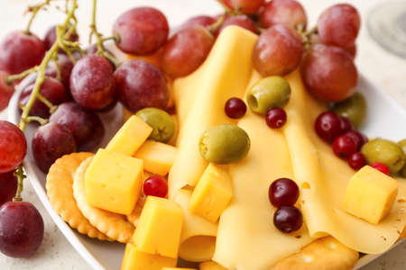Plate with tasty crackers with cheese and snacks on light backgroundの写真素材