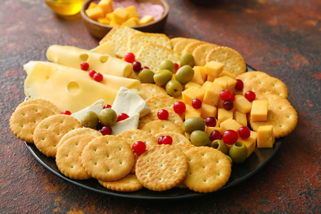 Plate with tasty crackers with cheese and snacks on grunge backgroundの写真素材