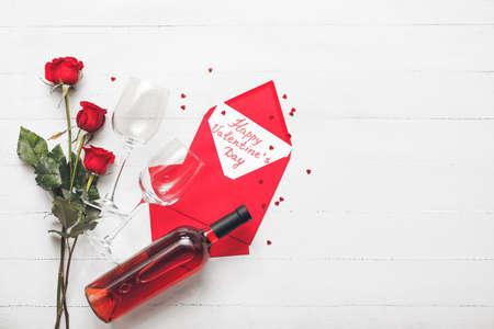 Beautiful composition for Valentine's Day on white wooden backgroundの写真素材