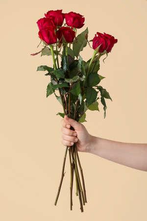 Hand with bouquet of beautiful roses on color backgroundの写真素材