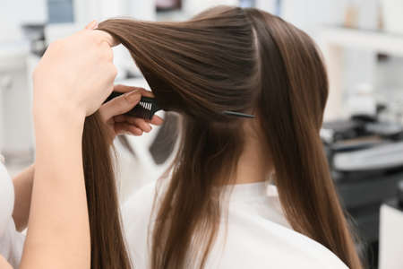 Female hairdresser working with client in beauty salon, closeupの写真素材