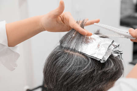 Female hairdresser dyeing hair of client in beauty salon, closeupの写真素材