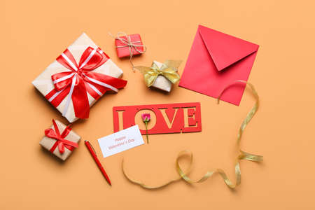 Festive composition for Valentines Day celebration on color backgroundの写真素材