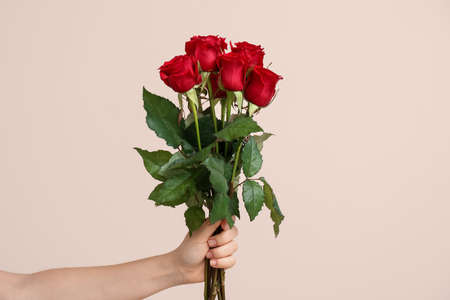 Hand with bouquet of beautiful roses on color backgroundの写真素材