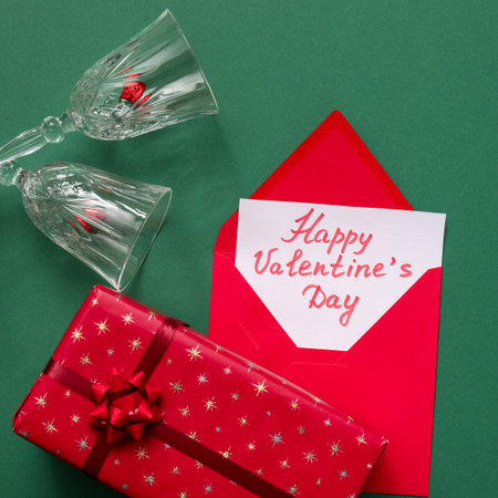 Composition with gift for Valentine's Day on color backgroundの写真素材