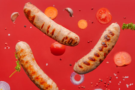 Delicious grilled sausages and vegetables on color backgroundの写真素材