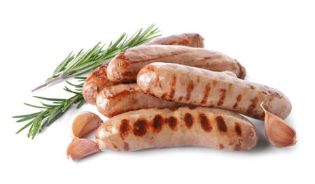 Delicious grilled sausages on white backgroundの写真素材