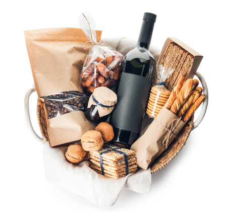 Gift basket with products on white backgroundの写真素材