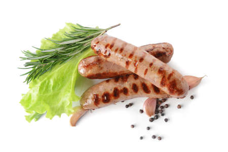 Delicious grilled sausages on white backgroundの写真素材