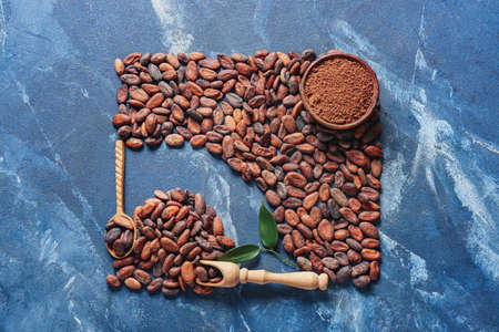 Cocoa beans and powder on color backgroundの写真素材