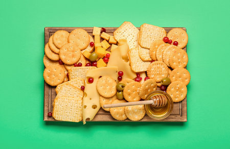 Platter with crunchy crackers, cheese and honey on color backgroundの写真素材
