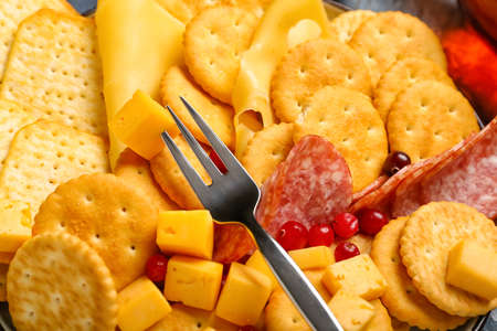 Platter with crunchy crackers and cheese, closeupの写真素材
