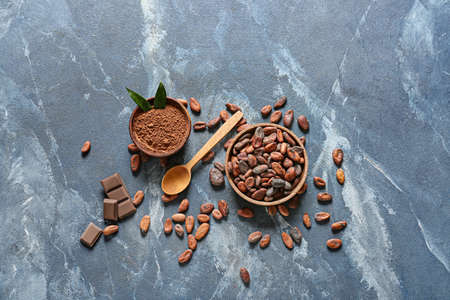 Bowls with cocoa beans and powder on color backgroundの写真素材