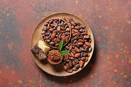 Bowls with cocoa beans, powder and butter on grunge backgroundの写真素材
