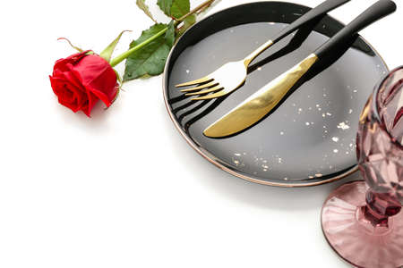 Festive table setting for Valentines Day celebration on white backgroundの写真素材