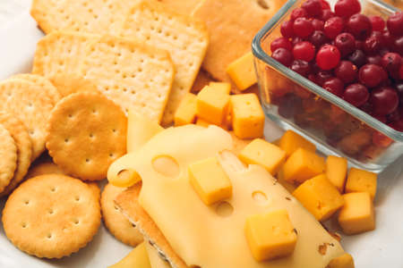 Platter with crunchy crackers, cranberry and cheese, closeupの写真素材