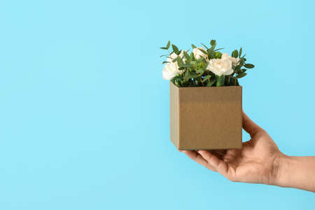 Hand with box of beautiful flowers on color backgroundの写真素材