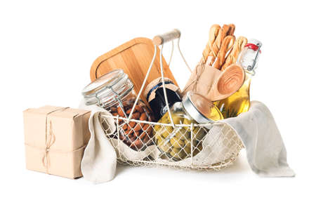 Gift basket with products on white backgroundの写真素材