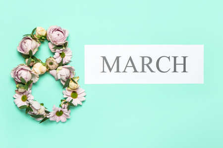 Beautiful greeting card for International Women's Day on color background