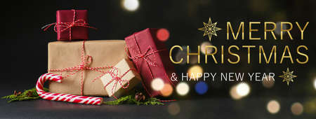 Creative greeting card for Merry Christmas and Happy New Year celebration with gifts